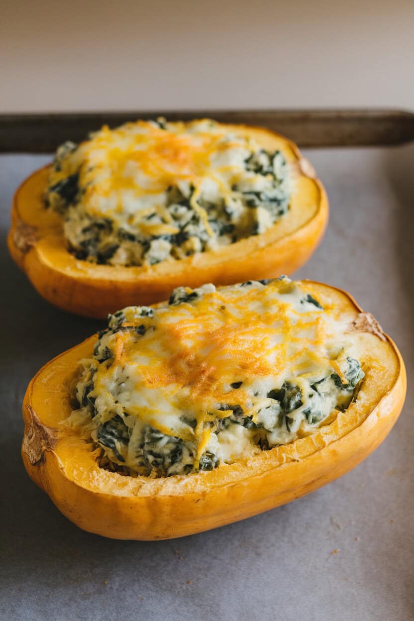 Halved spaghetti squash filled with creamy spinach-artichoke mixture, cheese bubbling on top, on an indoor baking sheet. No text or logos; photo, not illustration.