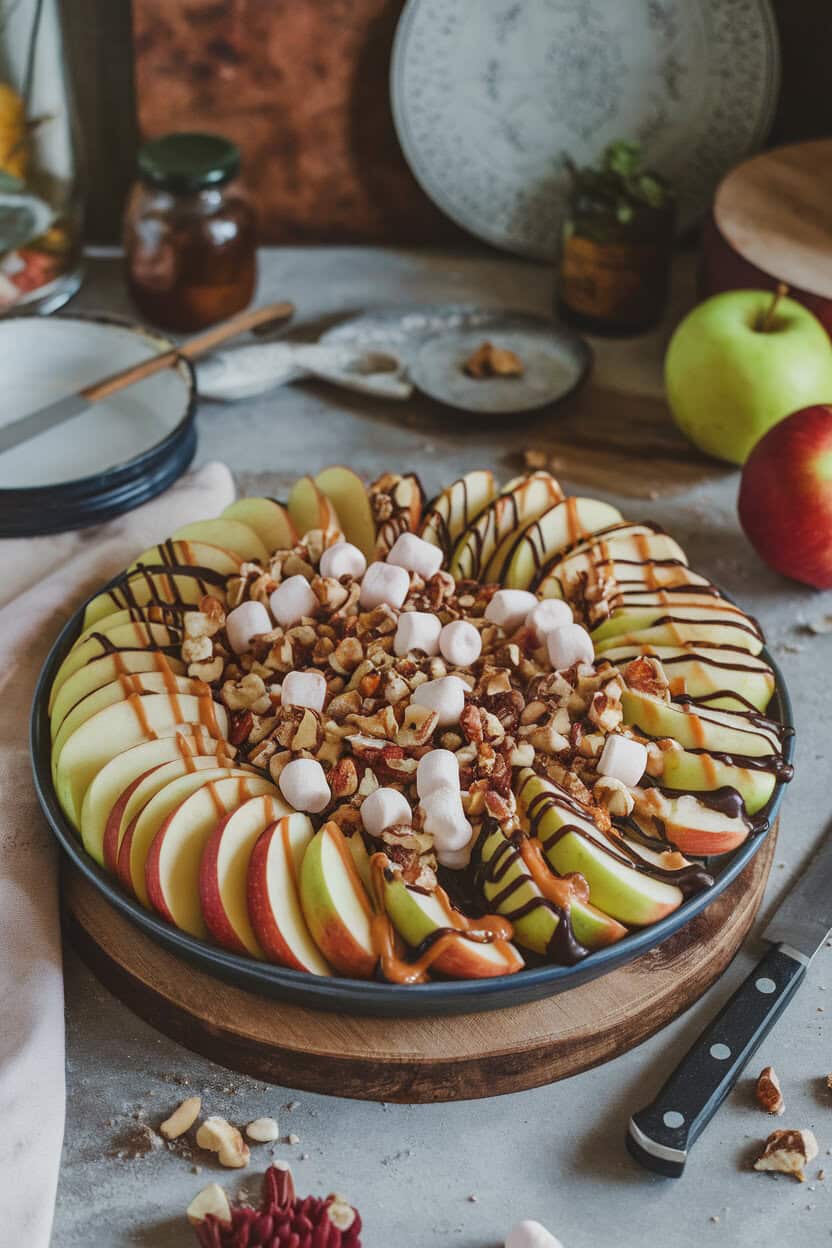 Indoor platter of thin apple slices drizzled with caramel and dark chocolate, sprinkled with chopped nuts and mini marshmallows. No logos. Photo only.