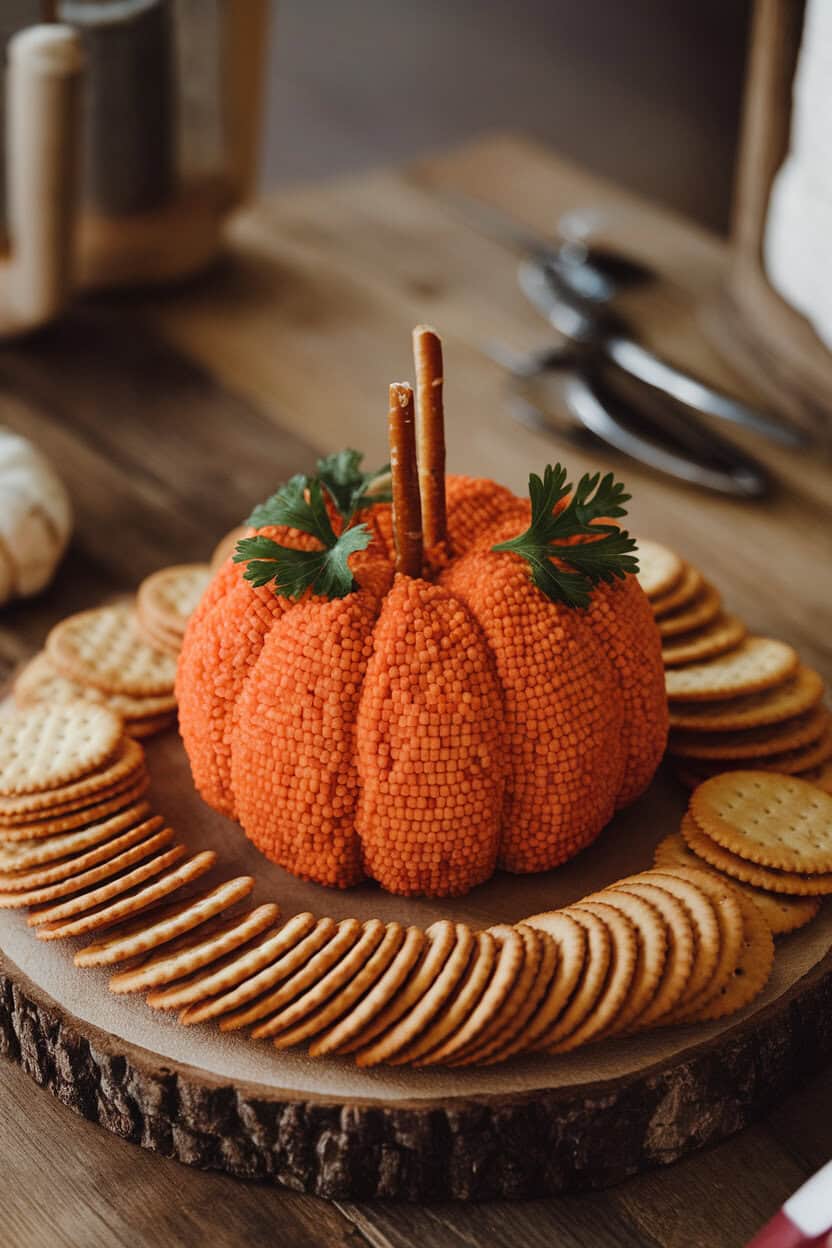 A rustic wooden board indoors holding an orange-coated cheese ball sculpted into a pumpkin shape, pretzel stick “stem,” and parsley leaf accents. Crackers surround the ball; no text or logos. Photo only.