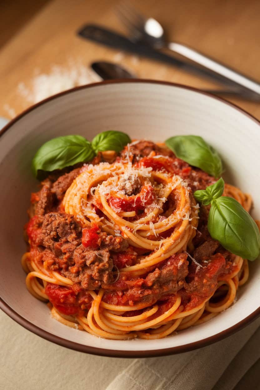 Indoor photo of a pasta bowl filled with spaghetti twirled in a rich beef and tomato sauce, garnished with fresh basil and grated Parmesan. No text or logos anywhere in the scene.