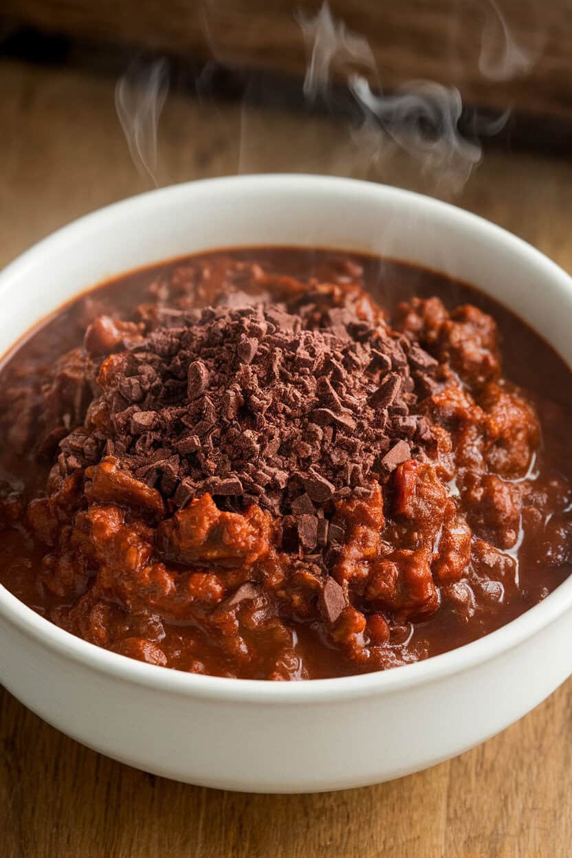Indoor photo of a dark, robust beef chili with a sprinkle of grated dark chocolate on top, steam rising; no text or logos