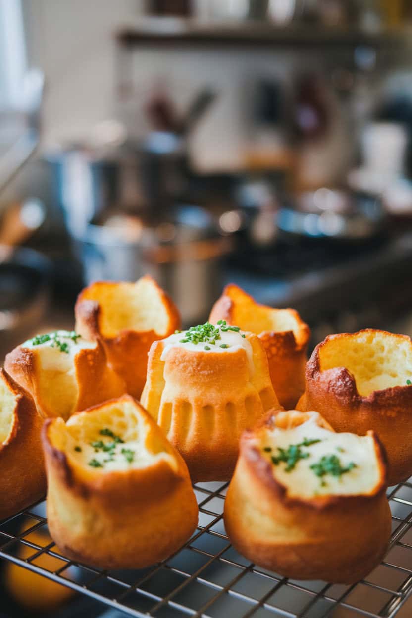 An indoor rack holding tall golden popovers, cheese visibly melted into the airy pockets, with a sprinkle of minced chives on top. No text or logos. Photo.</Prompt