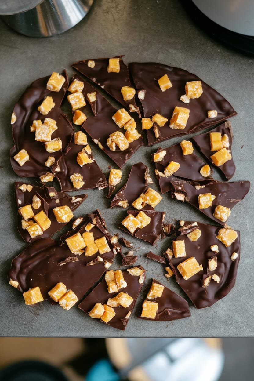 Photo prompt: Indoor countertop with dark chocolate bark pieces studded with golden honeycomb toffee chunks, overhead angle, no text or logos.
