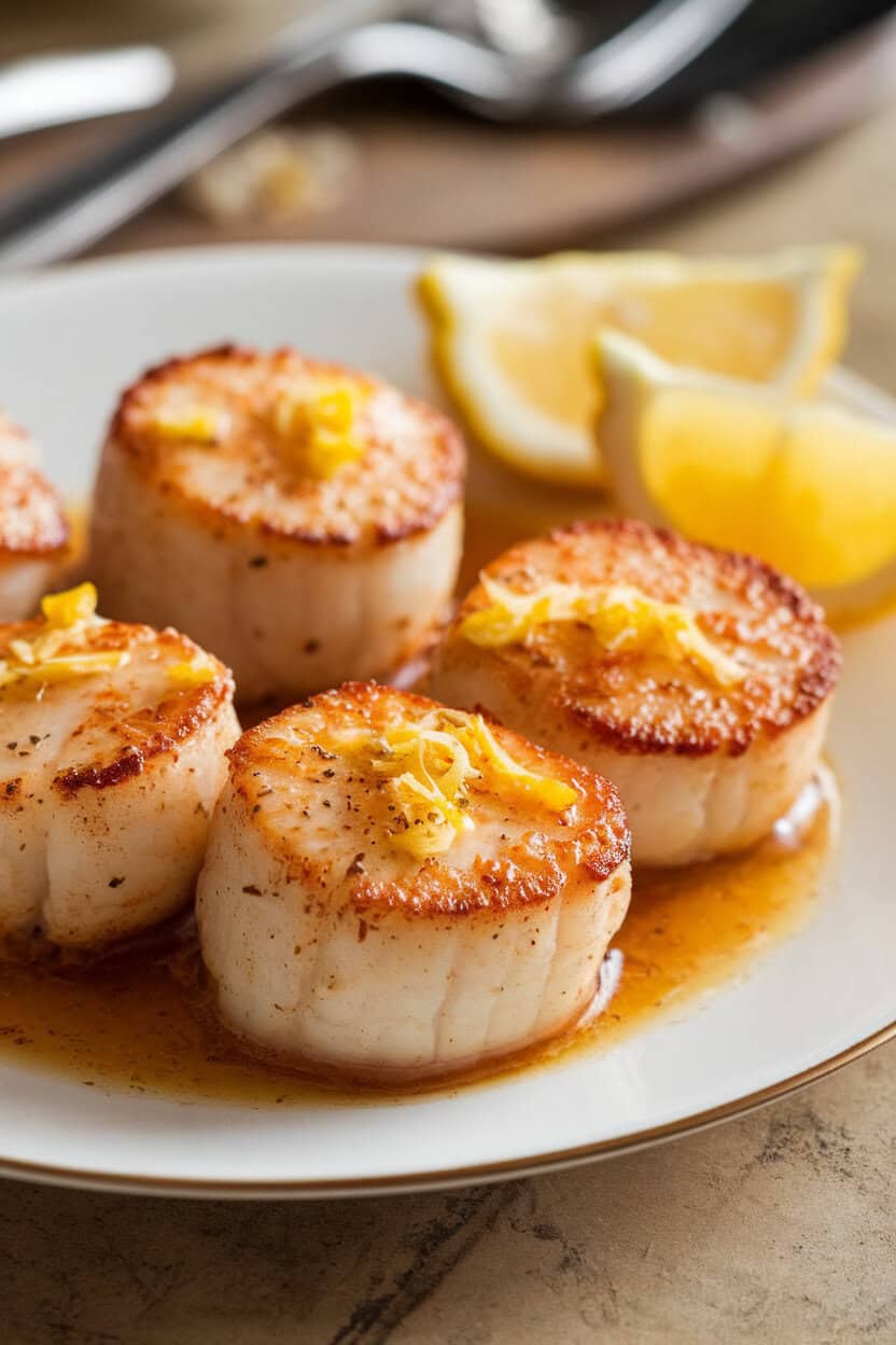 A close-up indoor shot of golden-brown scallops on a white plate, topped with specks of zest and a glossy brown butter sauce, lemon wedges off to the side. No text or logos; photo only.