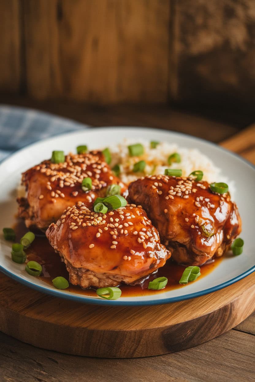 A warmly lit plate of glazed teriyaki chicken thighs with sesame seeds sprinkled on top, indoor setting, no text or logos.