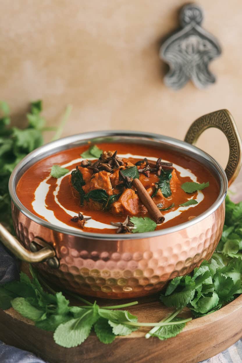 Photo of a copper bowl filled with cooked lamb and spinach curry, garnished with a swirl of cream, indoor setting, no text or logos.