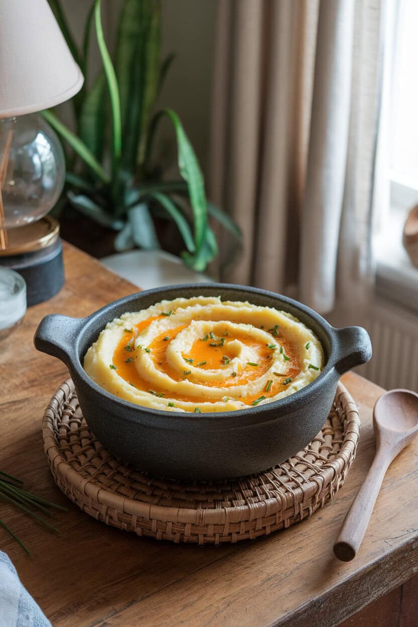 A rustic indoor dining table holding a stoneware bowl of creamy mashed potatoes swirled with melted cheddar and dotted with fresh chives. Steam rises gently; no text or logos present. Photo only.