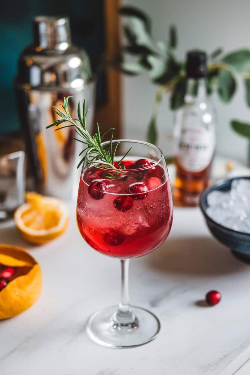 Indoor cocktail station with a stemless wine glass of ruby red drink, fresh rosemary sprig and floating cranberries, gentle bubbles rising; no text on glass