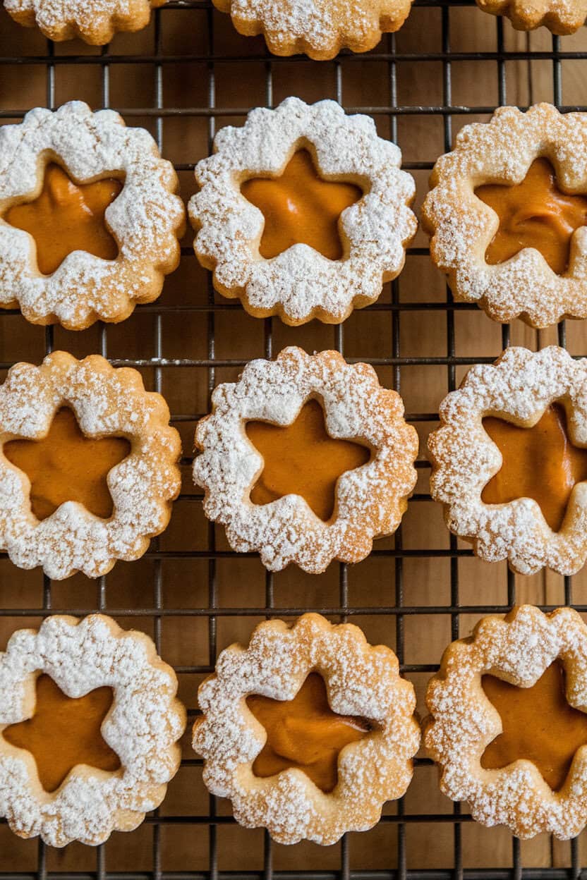 Photo prompt: An indoor bakery rack with pumpkin pie linzer cookies dusted lightly with powdered sugar, pumpkin filling peeking through cut-out shapes. No text or logos.