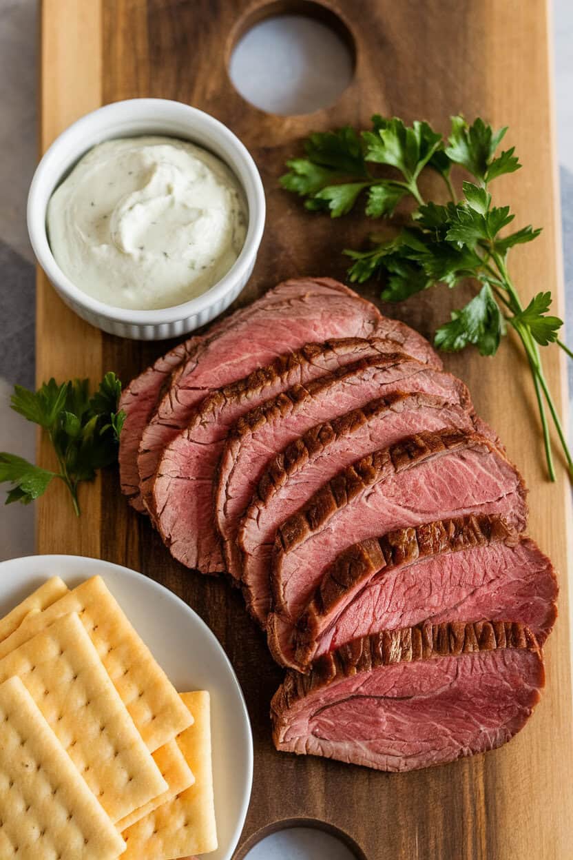 Indoor photo of thin roast beef slices folded on a board with horseradish cream in a small bowl, water crackers, and sprigs of parsley. No text or logos.