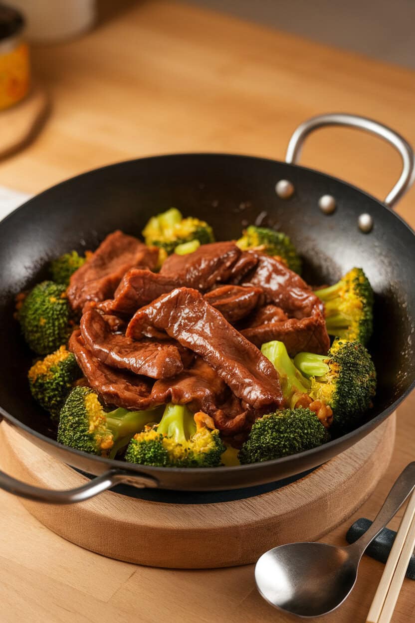 Indoor photo of a wok filled with glossy beef strips and bright green broccoli florets coated in savory sauce. No text or logos visible.