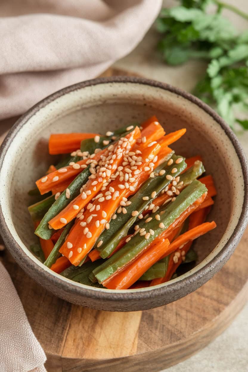 An indoor ceramic bowl piled with thin matchsticks of sautéed burdock root and carrot glazed in soy and sesame, sesame seeds sprinkled on top. No text or logos present. Photo, not illustration.