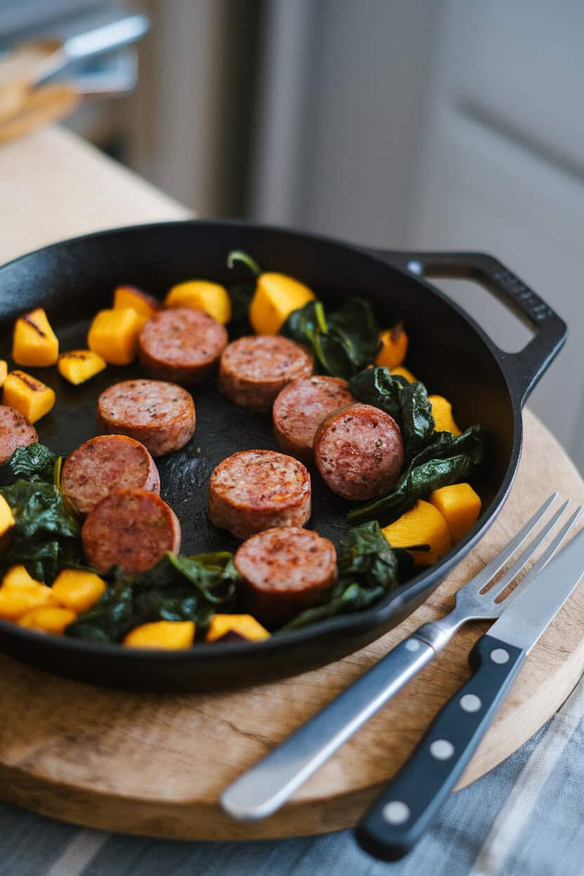 Indoor photo of a cast-iron skillet containing browned sausage coins, roasted squash cubes, and wilted spinach; no text or logos.