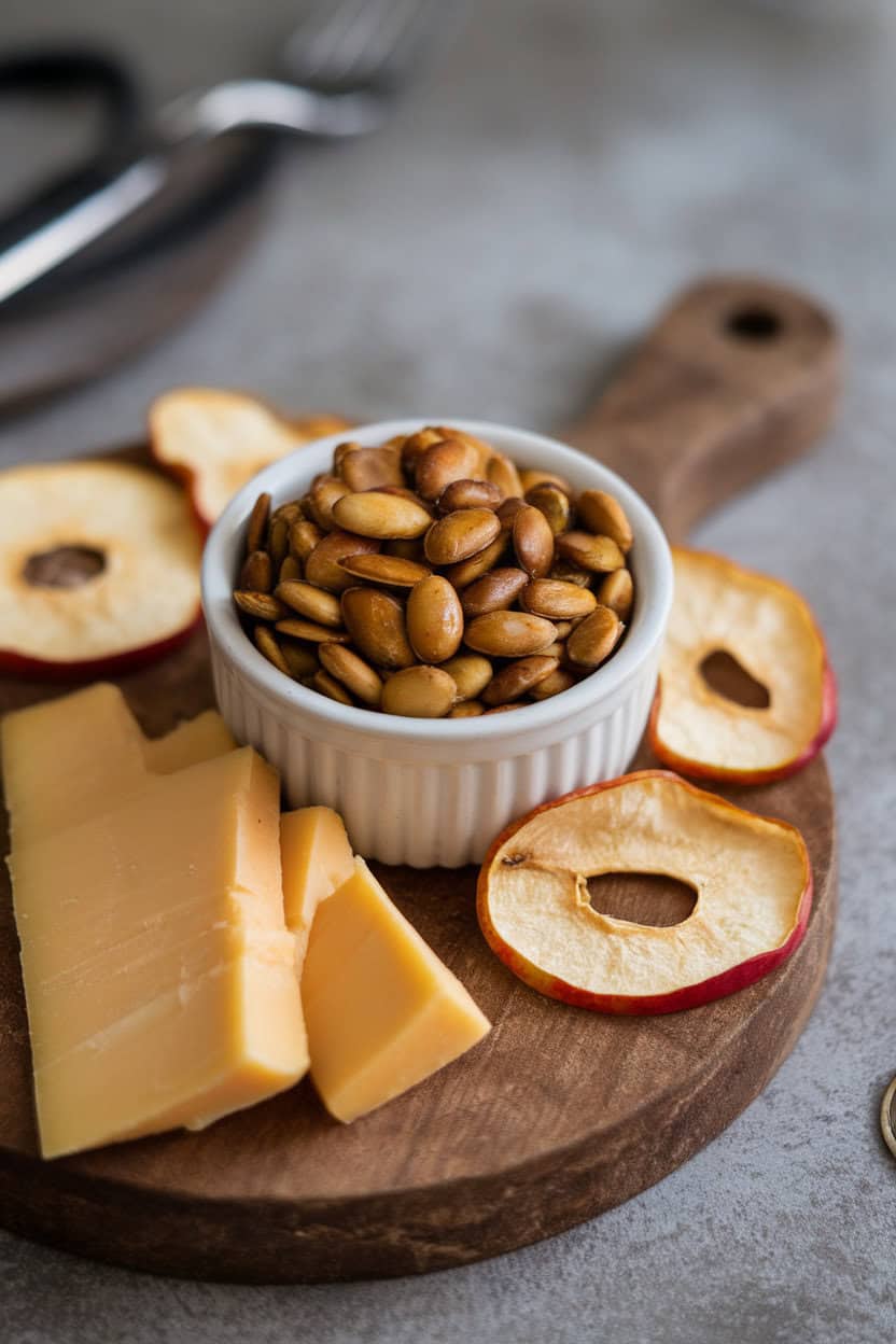 Indoor close-up of a small bowl of glossy maple-roasted pumpkin seeds placed on a board with smoked gouda shards and dried apple slices. No text or logos.