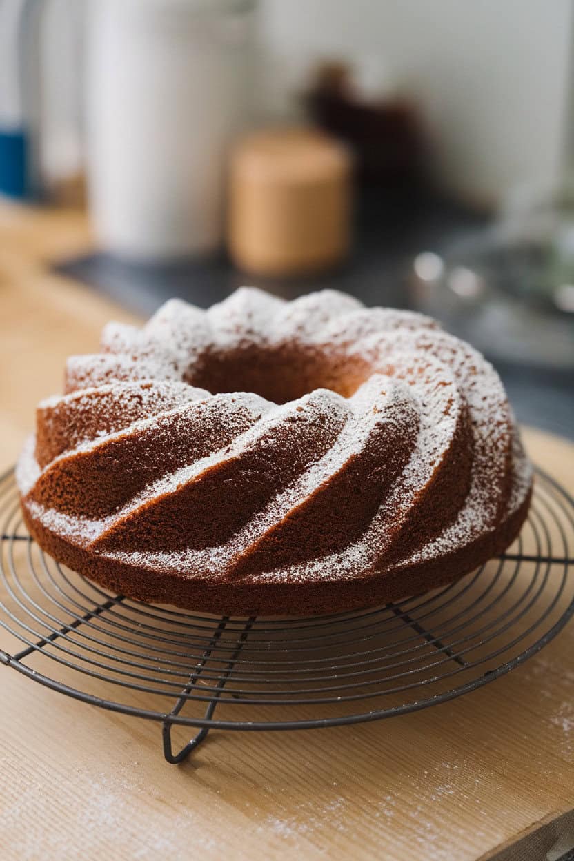 A Bundt cake on an indoor cooling rack, lightly dusted with powdered sugar, deep gingerbread color visible. No text or logos.