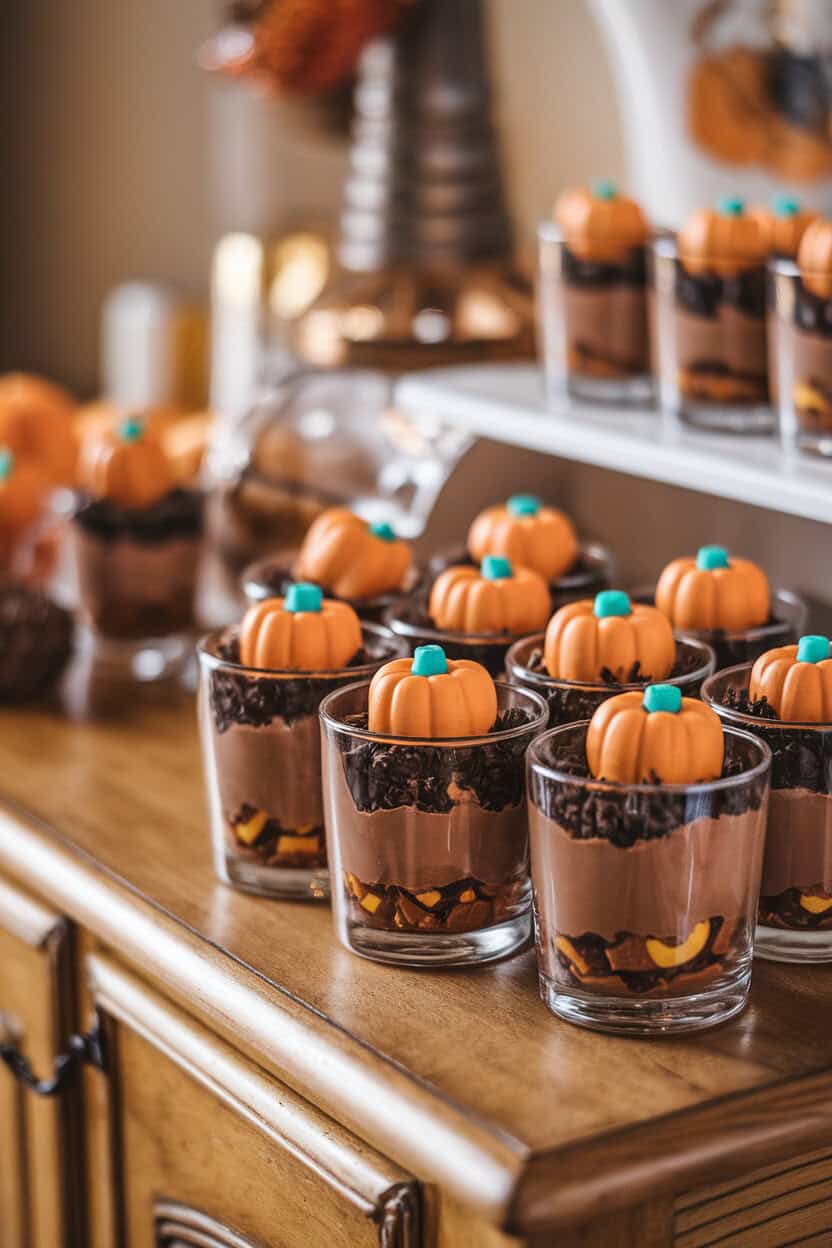 Photo, not illustration. Close-up of individual glass cups layered with chocolate pudding, crushed sandwich cookies, and candy pumpkin toppers, arranged on an indoor sideboard. No text or logos.