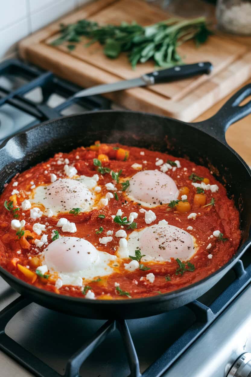 A cast-iron skillet on an indoor stovetop containing simmering tomato-pepper sauce with poached eggs and crumbled feta—photo, no text or logos