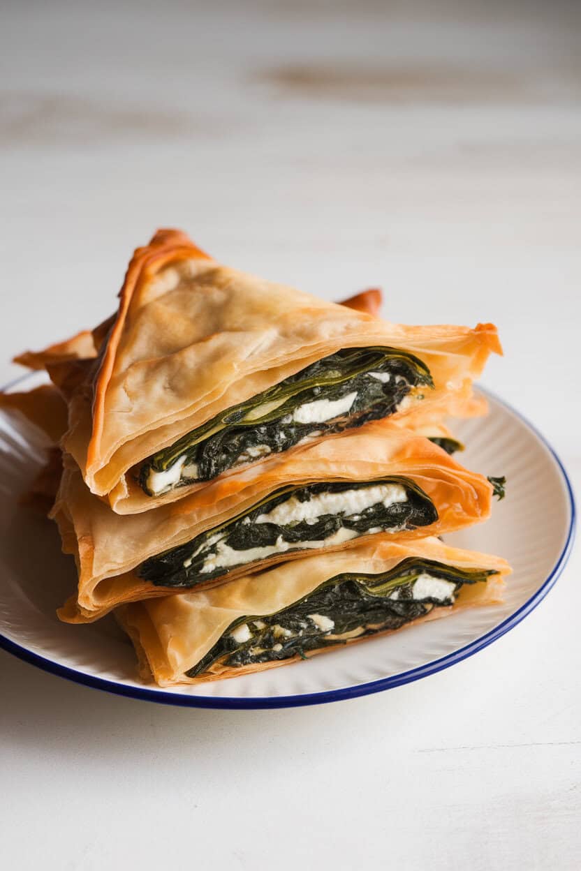 An indoor countertop featuring flaky phyllo triangles filled with spinach and feta, stacked casually on a white plate. No text or logos.