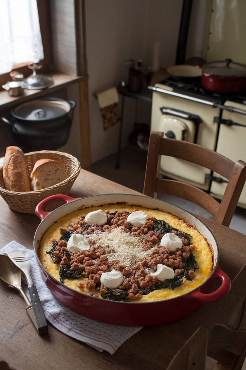 Indoor rustic Italian kitchen scene showing a casserole layered with creamy polenta, crumbled sausage, spinach, and dollops of ricotta, browned in spots. No text or logos. Photograph.
