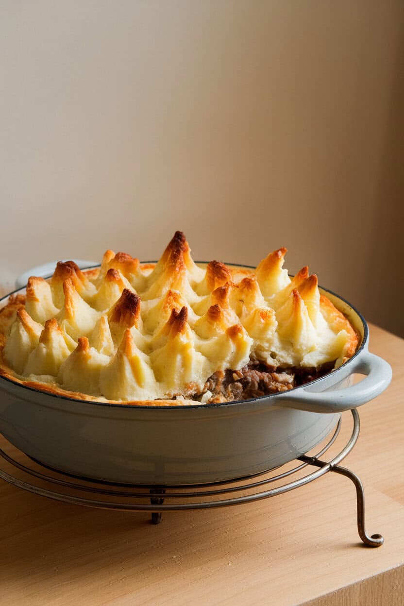 A casserole dish of shepherd’s pie with mashed potato peaks browned on top, set on an indoor trivet. No text or logos; photo, not illustration.