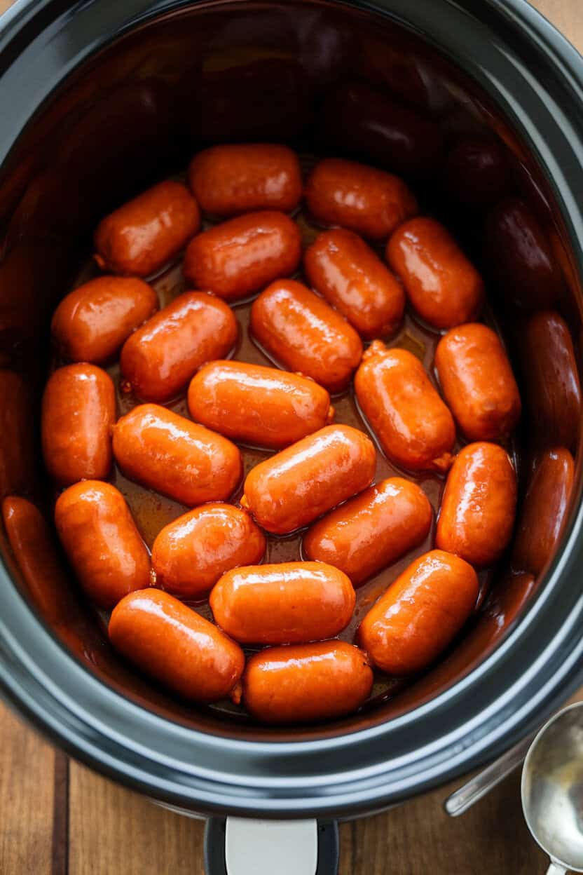 Indoor slow cooker setup with plump cocktail sausages glistening in a red-orange sriracha honey glaze, small ladle nearby. No text or logos.