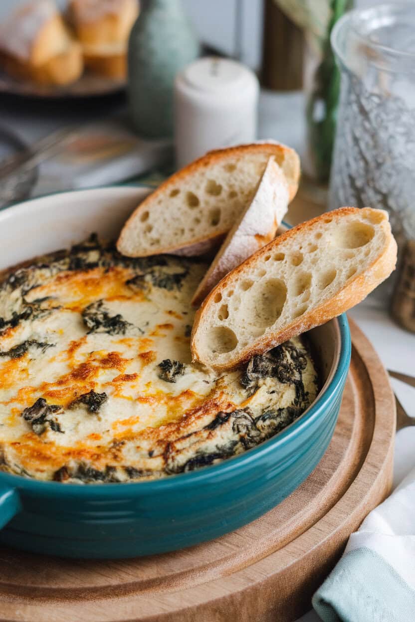 An indoor dish of bubbling spinach-artichoke dip with a few toasted baguette slices on the side. No text or logos. Photo, not illustration.