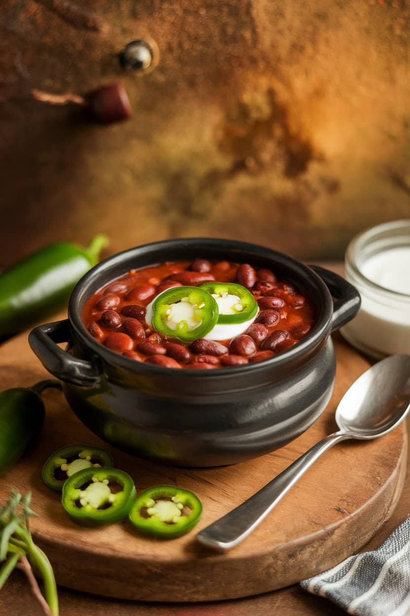 A black ceramic bowl of spicy black bean soup topped with sour cream and sliced jalapeño, indoor scene, no logos.