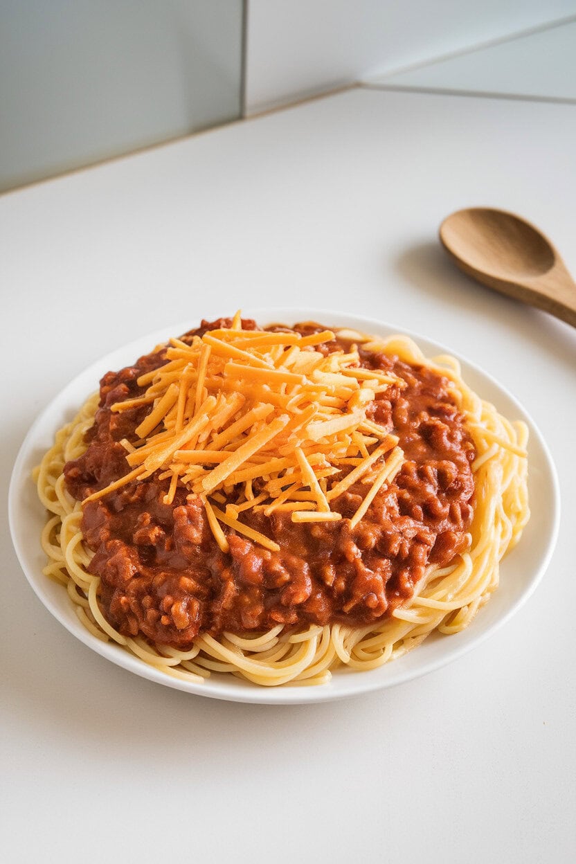 Indoor photo of spaghetti topped with thin Cincinnati chili, shredded cheddar piled high; no text or logos on plate