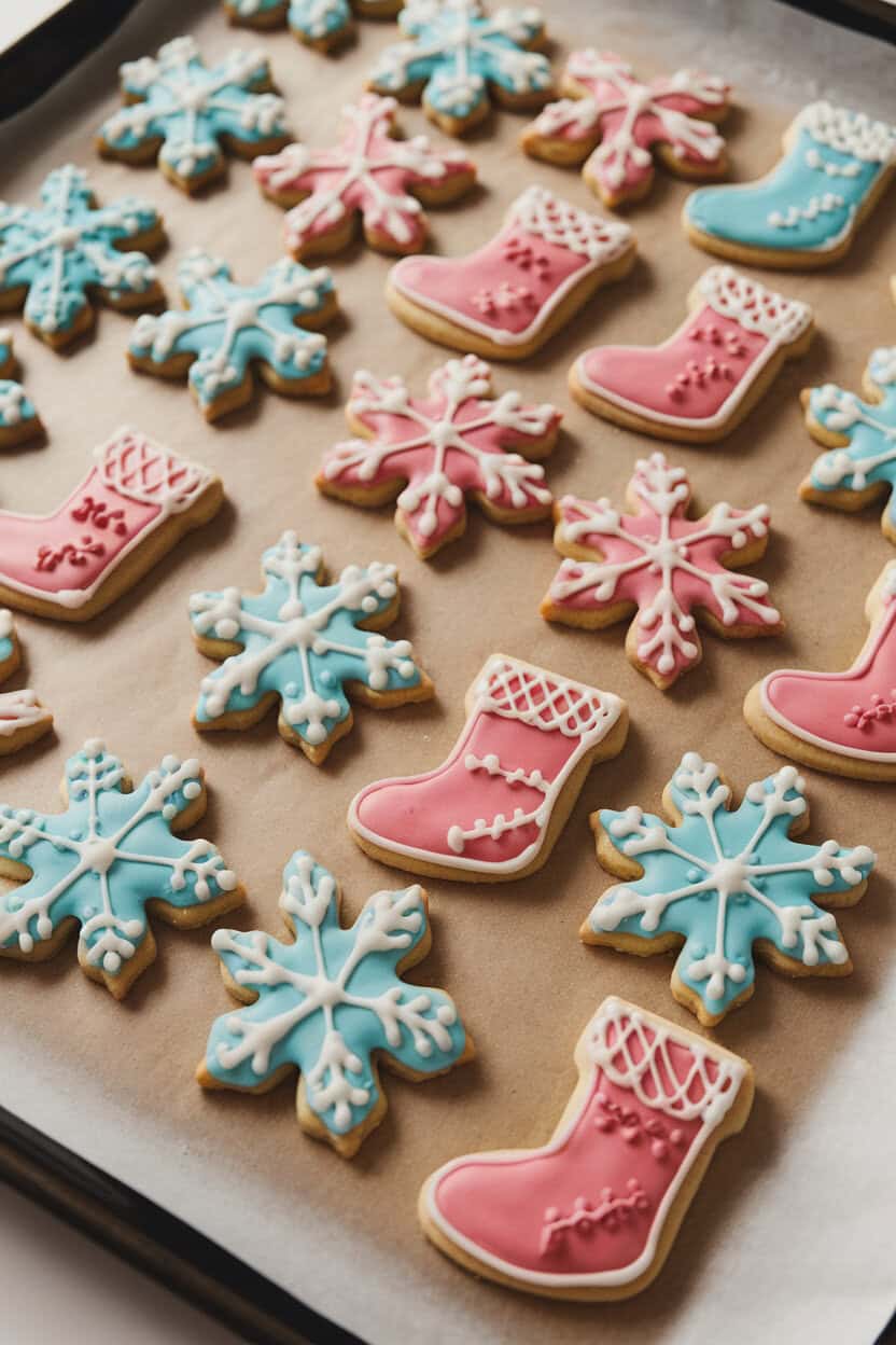 An indoor baking sheet lined with decorated sugar cookie cutouts shaped like snowflakes and stockings, colorful royal icing details; photo, no text or logos.