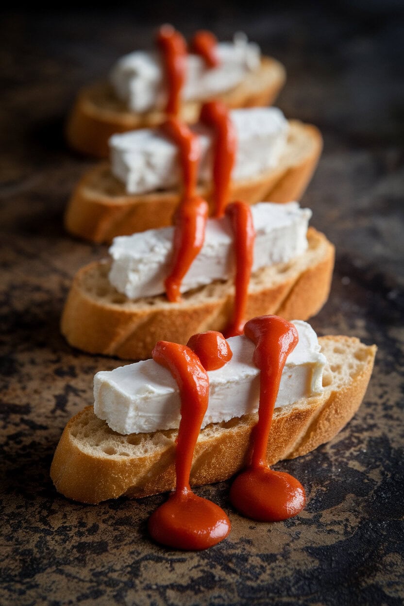 A row of toasted crostini topped with goat cheese and twin streaks of roasted red-pepper puree dripping like bite marks, photographed on a moody indoor surface. No text or logos. Photo only.