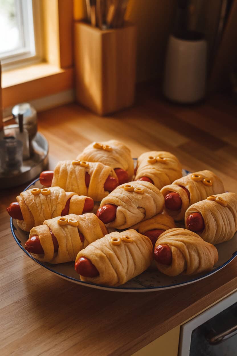 A warmly lit indoor kitchen counter displaying a platter of crescent-roll wrapped hot dogs baked until golden, each dotted with two tiny mustard eyes to resemble mummies. No text or logos anywhere in the scene; photo, not illustration.