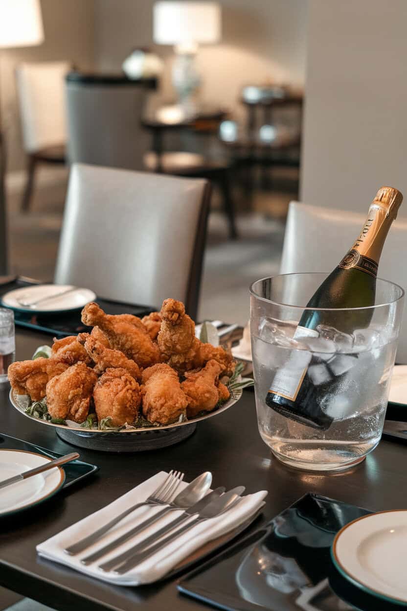 Indoor dining table spread with a platter of crispy fried chicken and a chilled champagne bottle in an ice bucket, no text or logos.