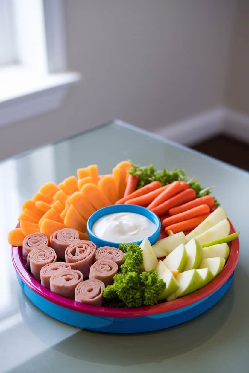 Photo indoors of a colorful child-sized platter featuring turkey pinwheels, mild cheddar shapes, baby carrots, apple slices, and yogurt dip, bright kitchen light, no text or logos.