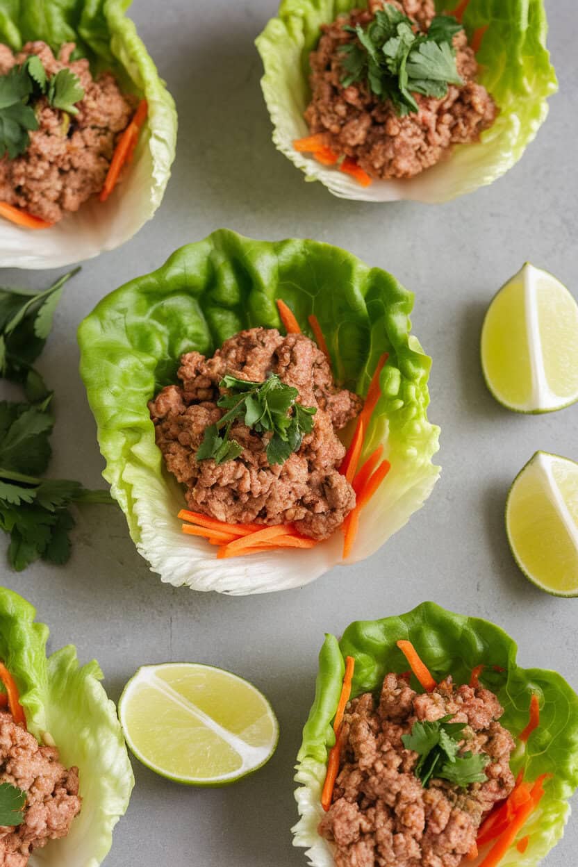 A clean indoor surface with butter lettuce cups filled with seasoned ground turkey, shredded carrots, and chopped herbs, lime wedges nearby. No logos present.