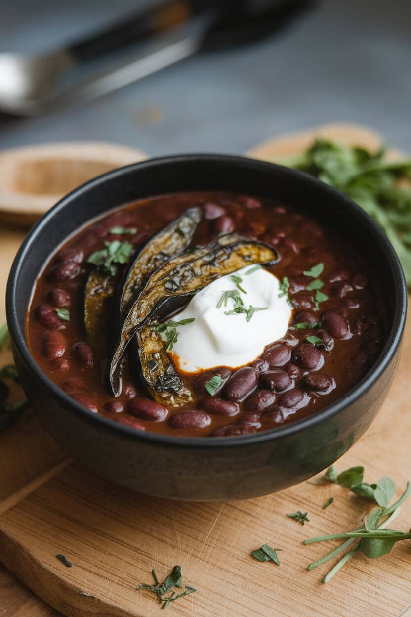 Indoor tabletop with a dark bowl of black bean soup, charred poblano strips and sour cream dollop on top. No text or logos