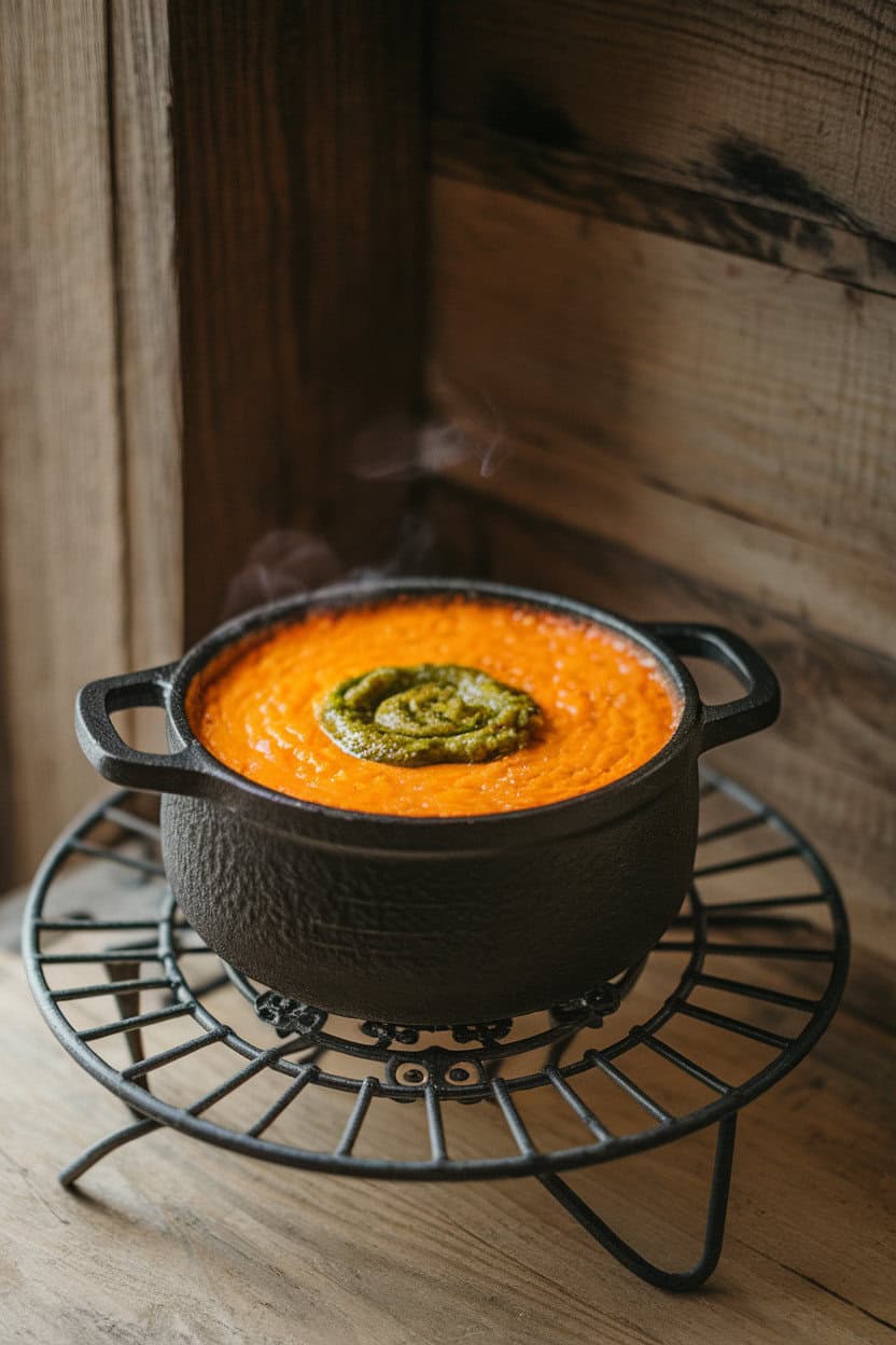 A small cast-iron pot on an indoor trivet filled with bubbling orange cheese dip, a swirl of green salsa forming a potion-like effect. No text or logos.