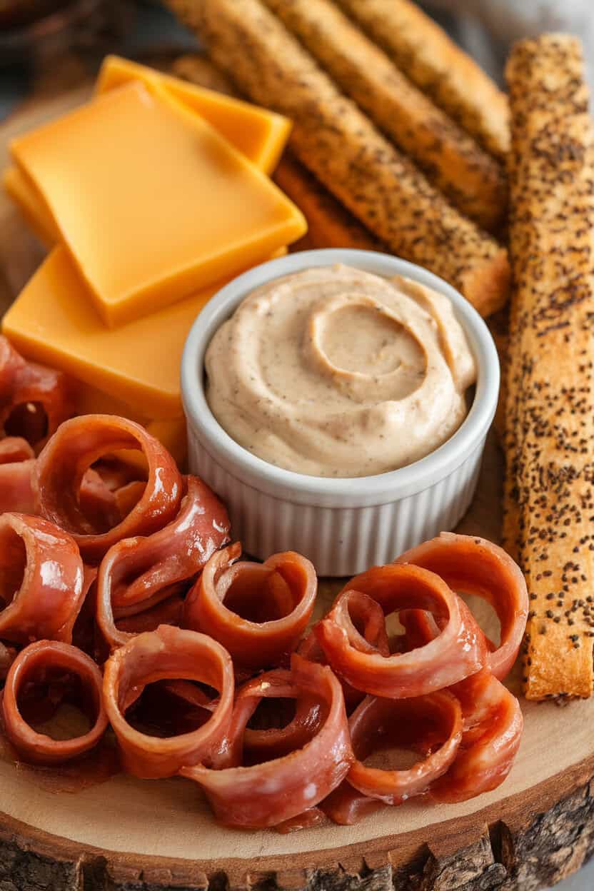 Indoor photo of thin maple-glazed ham curls, extra-sharp white cheddar squares, whole-grain bread sticks, and a ramekin of maple-mustard dip on a wood platter. No text or logos.