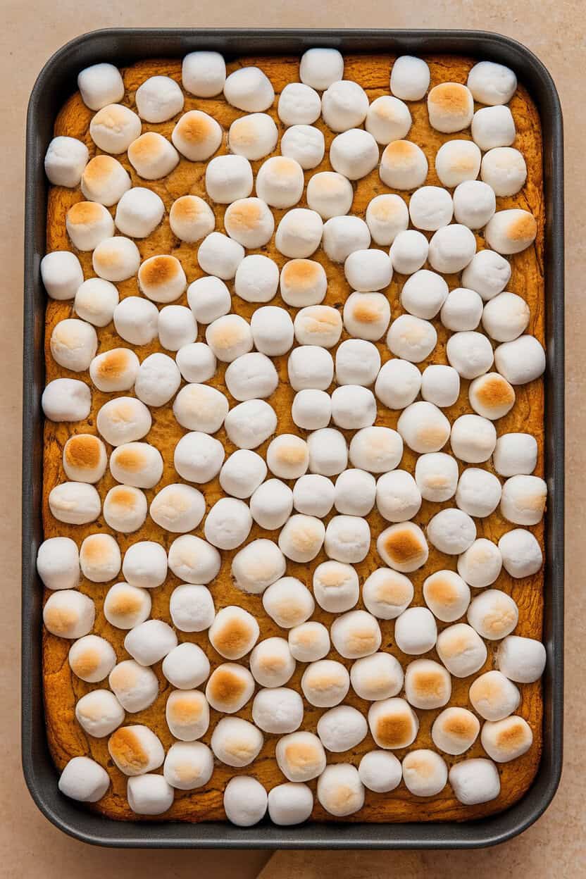 Indoor baking pan of blondies dotted with mini marshmallows slightly toasted on top, orange sweet potato hue visible, no text or logos. Photo only.