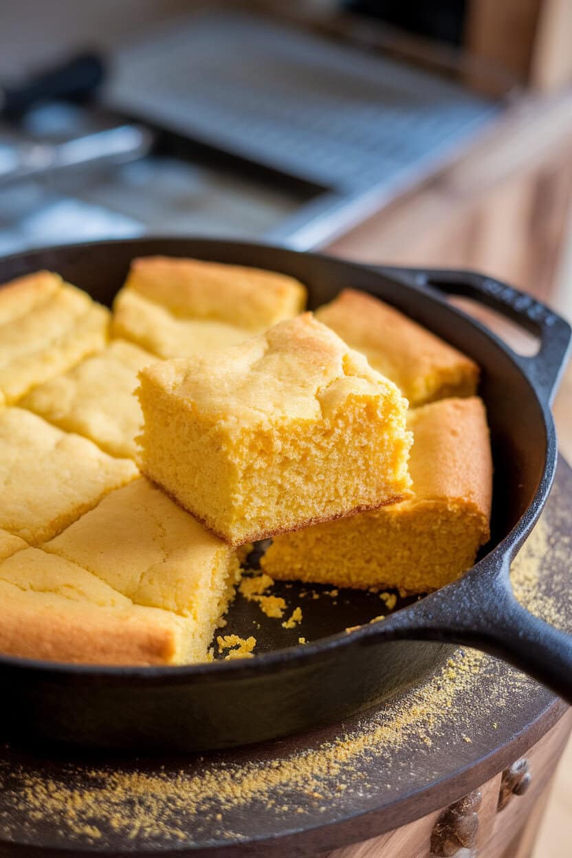Indoor photo of a cast-iron skillet holding golden cornbread squares, one slice lifted to show crumb. No text or logos. Photo, not illustration.