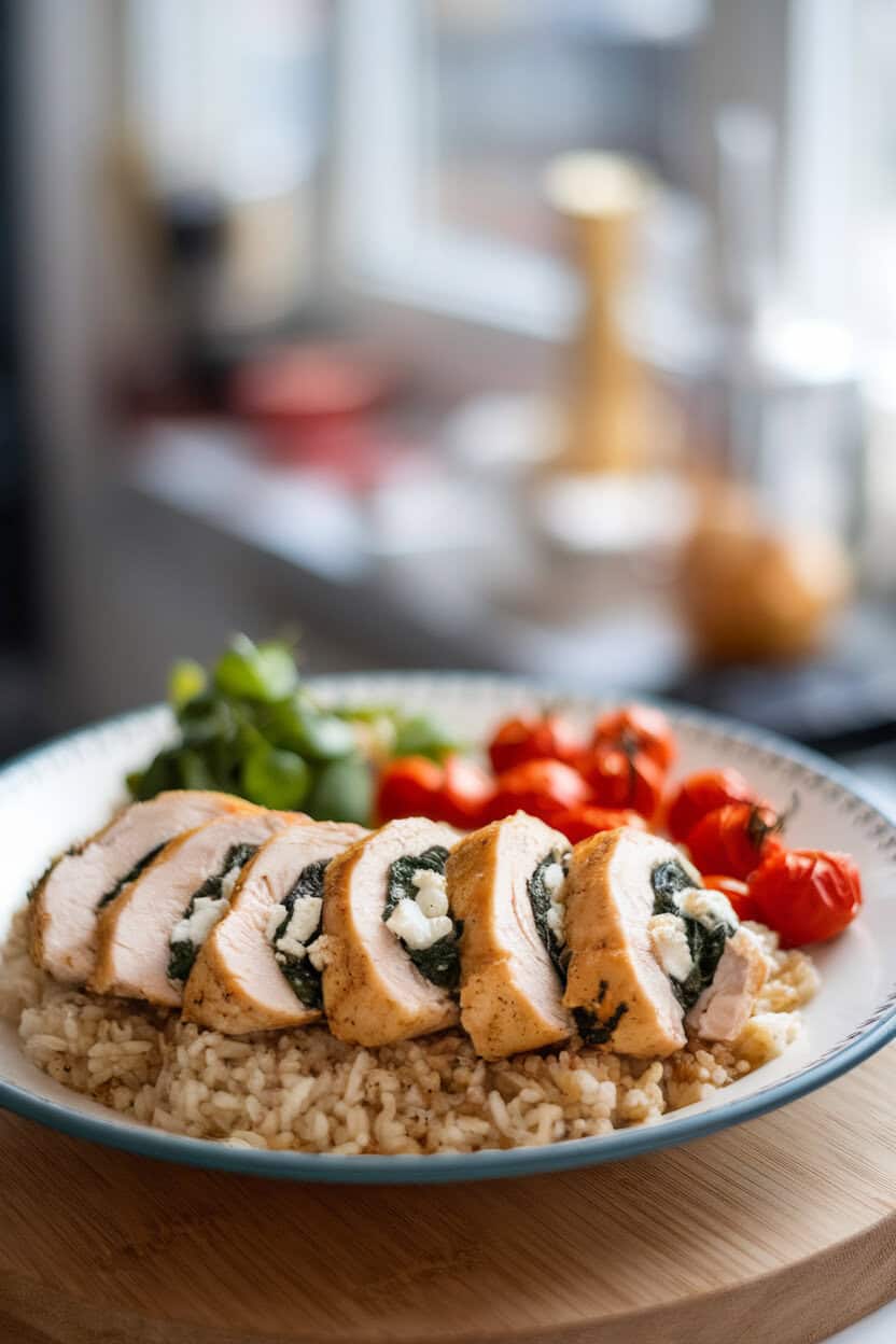 Indoor dinner plate displaying a sliced chicken breast oozing spinach and feta filling, with a side of roasted cherry tomatoes. No text or logos anywhere.