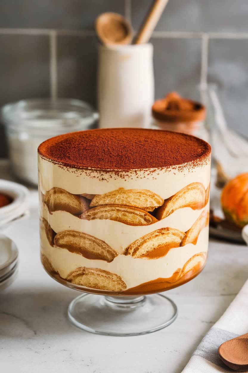 A glass baker on an indoor countertop with layered pumpkin tiramisu dusted in cocoa powder, visible mascarpone layers. No text or logos.