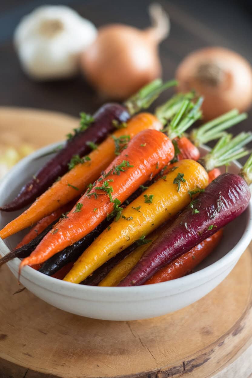 Indoor serving bowl of roasted rainbow carrots covered in glossy orange glaze and sprinkled with chopped parsley. No text or logos. Photo, not an illustration.