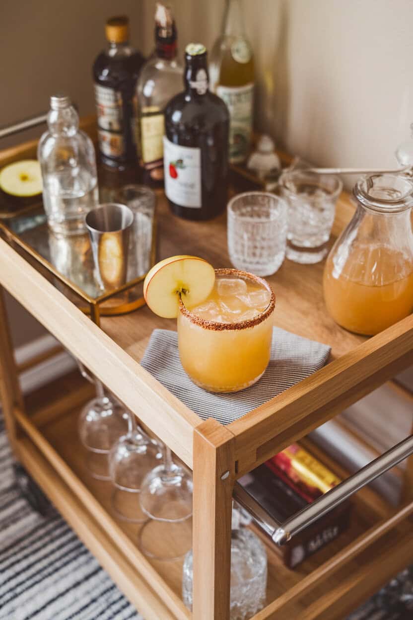 A wooden indoor bar cart displaying a salt-rimmed rocks glass of golden Apple Cider Margarita, cinnamon-sugar rim visible, apple wheel floating on top; no text or logos; photo