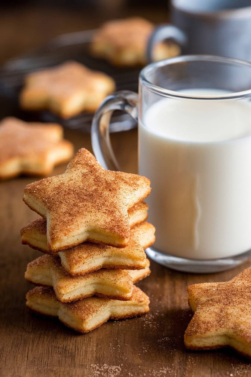 An indoor photo of star-shaped snickerdoodles coated in cinnamon sugar, stacked beside a mug of milk on a wooden table. Soft lighting, no text or logos.