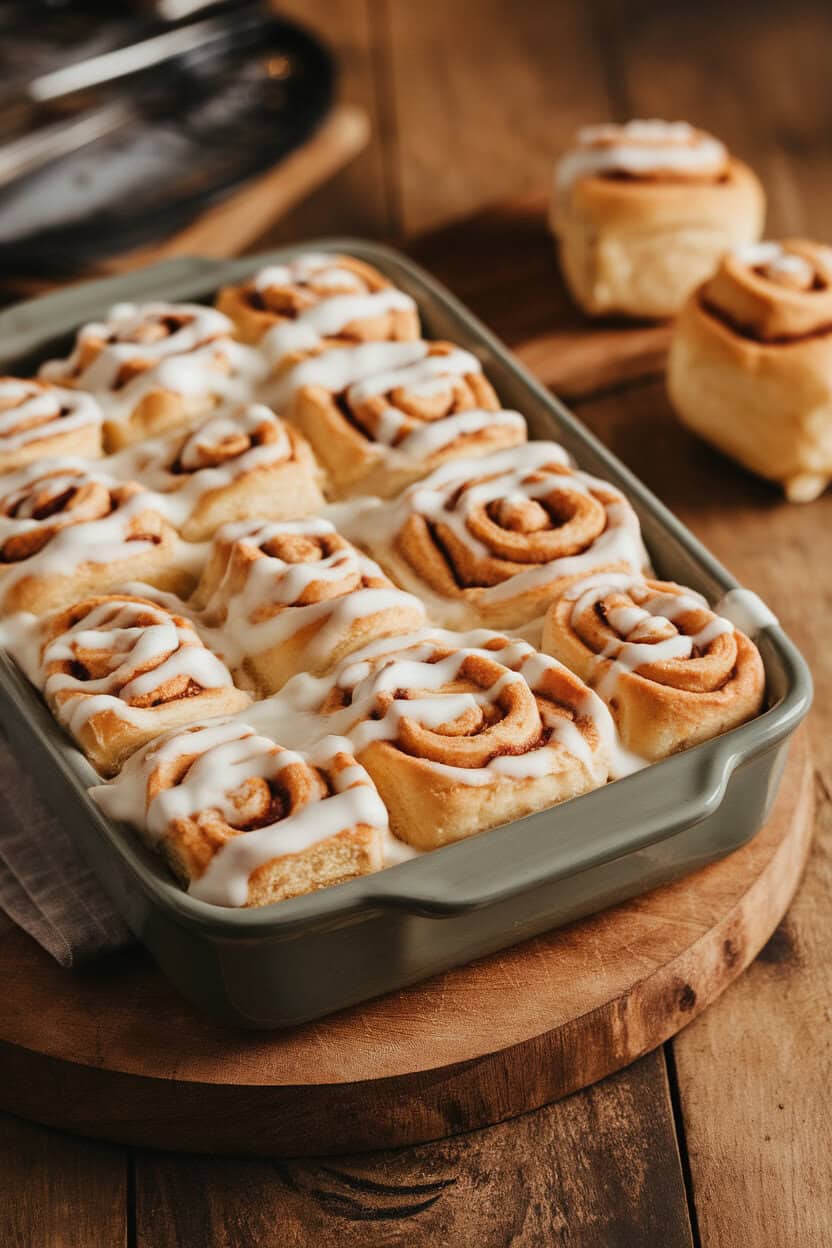 Indoor café-style setting presenting a casserole of cinnamon roll pieces baked together, thick cream cheese glaze drizzled on top. No text or logos. Photo only.