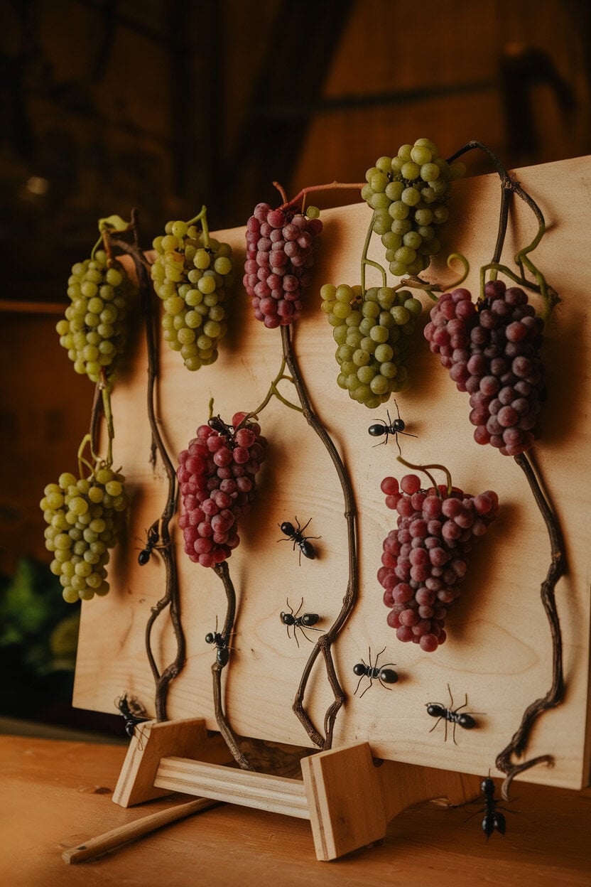 Indoor photo of green and red grape clusters draped across a board like twisting vines, dotted with plastic ants for decoration. No text or logos.