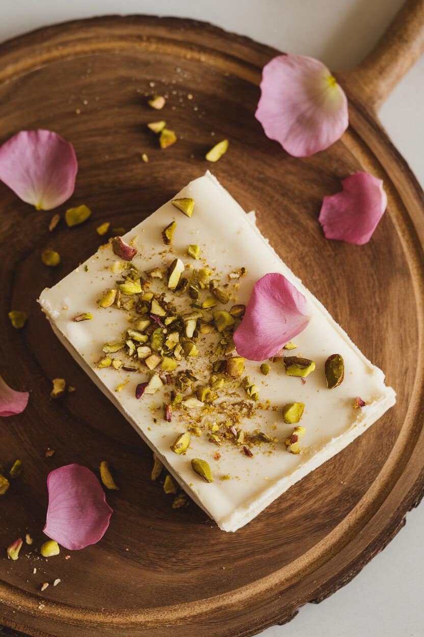 Indoor photo of white-chocolate toffee sprinkled with chopped pistachios and edible rose petals. No text or logos.