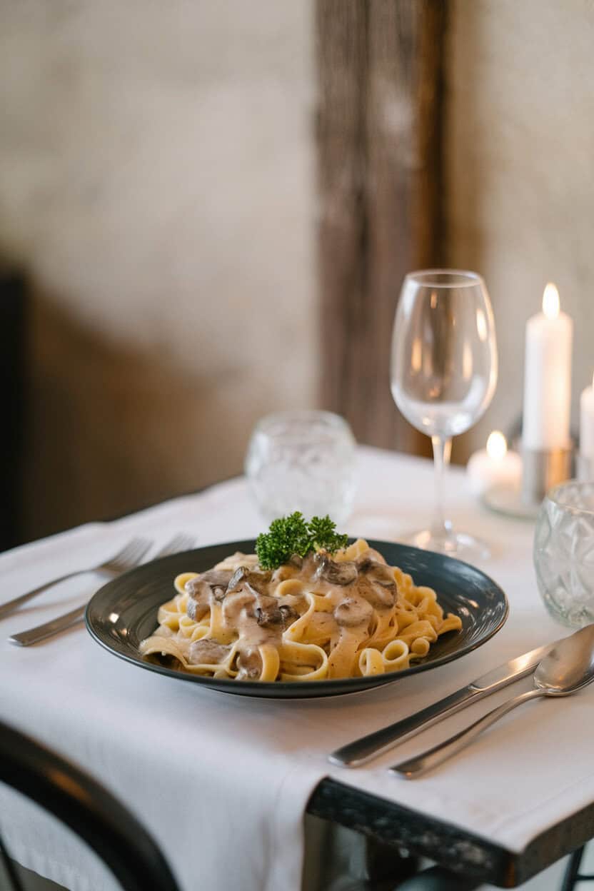 A plate of fettuccine coated in creamy mushroom sauce, garnished with parsley, set on an indoor bistro-style table. No text or logos; photo, not illustration.