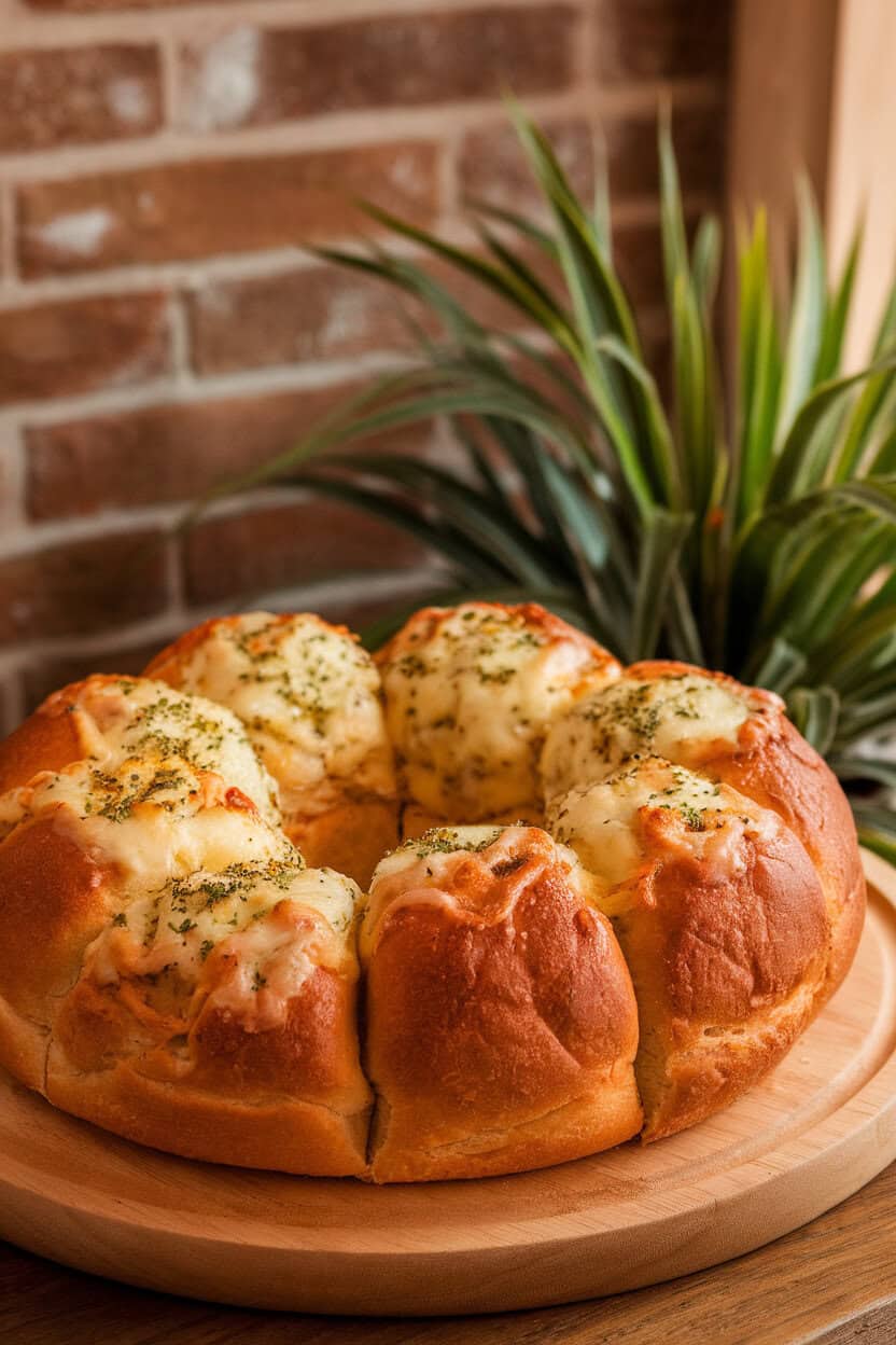 Photo of a round pull-apart loaf indoors with melted cheese visible between buttery garlic bread pieces, no text or logos.