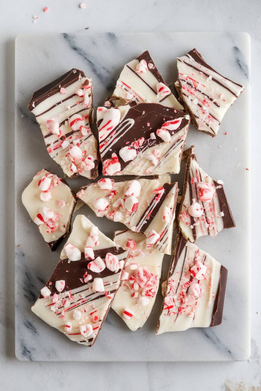 An indoor marble slab with broken pieces of peppermint bark—dark and white chocolate layers studded with crushed candy canes; photo, no text or logos.